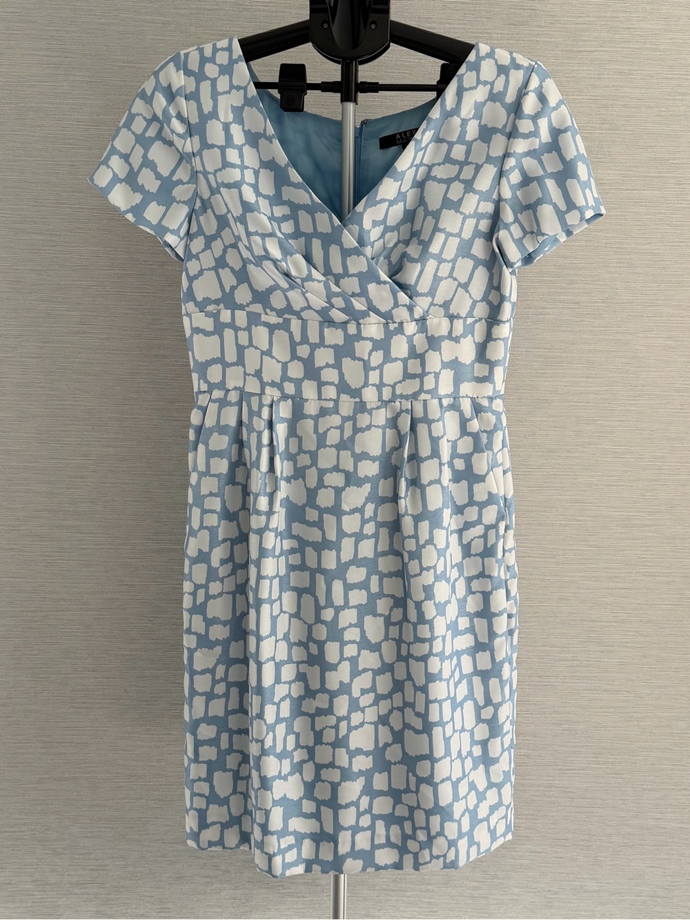 Alex Marie Light Blue and White Printed Midi Wrap Dress